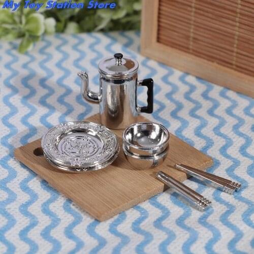 1 Set 1:12 Scale Dollhouse Mini Kitchen Set Kettle+2pcs Plates+2pcs bowls+2pair Chopsticks Pretend Play Toys