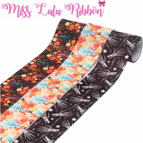 16mm-75mm Halloween Series Colorful Skeleton Hand Printed Grosgrain/Foe Ribbon Geometric DIY Hair Bowknot 50yards/roll