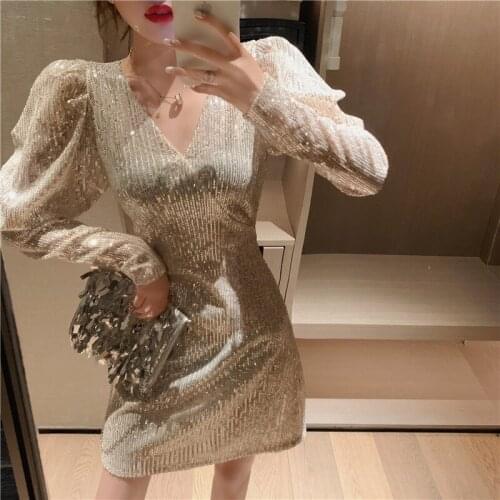2021 Autumn Women Vintage Sexy Sequins Shinny Mini Dress Elegant V Neck Long Sleeve Party Club Female Dress Chic Slim Vestidos
