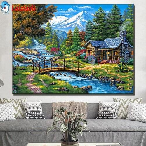 Waterfall hut natural landscape 5d diy diamond painting Snow mountain river scenery full square round drill diamond embroidery