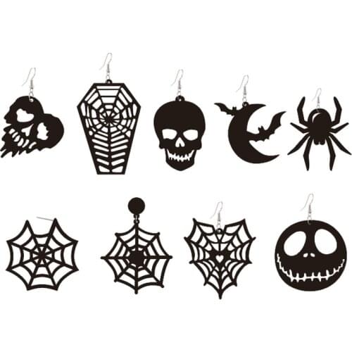 Acrylic Halloween Black Scary Spider Web Bat Pumpkin Moon Coffin Love Skull Earrings