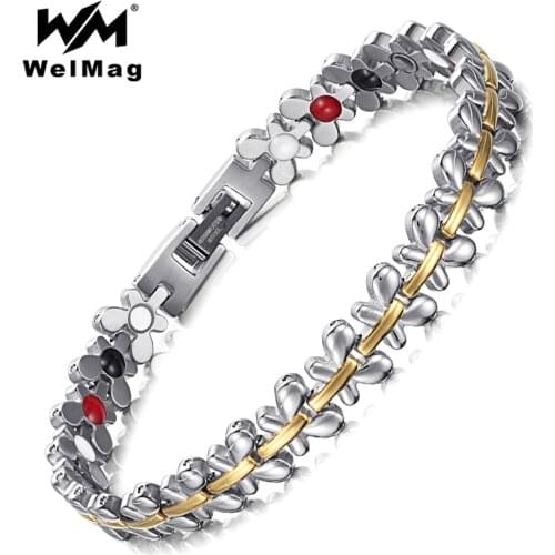 WelMag New Women Bracelets Healing Magnetic Far infrared Stainless Steel Hand Bracelet Femme Butterfly pattern Bangles 2019