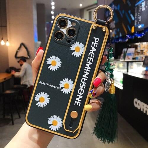 Sumkeymi Grid Wrist Strap Flower Chinese Cultur Phone Holder Case For iphone 11 12 7 8 Plus mini Pro Max X XS XR Hand Band Case