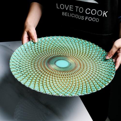 European Crystal Glass Plates Large Modern Gold Inlay Relief Craft Fruit Trays Dinner Plate Hotel Service Tray Kitchen Tableware