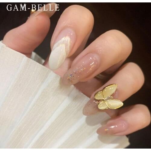 GAM-BELLE Nude Glitter False Nails With 3D Butterfly French Long Ellipse Artificial Nail Tips Full Cover Manicure Beauty Tools