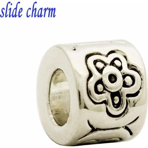 Slide charm wholesale Free shipping Popular ornaments plum blossom pattern cylindrical charm beads fit Pandora bracelet