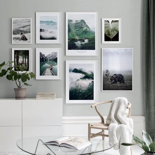 Mountain Forest Deer Bear Picture Nature Scenery Scandinavian Poster Nordic Wall Art Canvas Painting Decoration Print Landscape