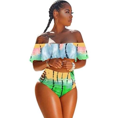 Plus Size Off The Shoulder High Waist Swimwear Women Two Piece Tie dye Swimsuit Female Bathing Suit Ruffle Monokini Swim Wear