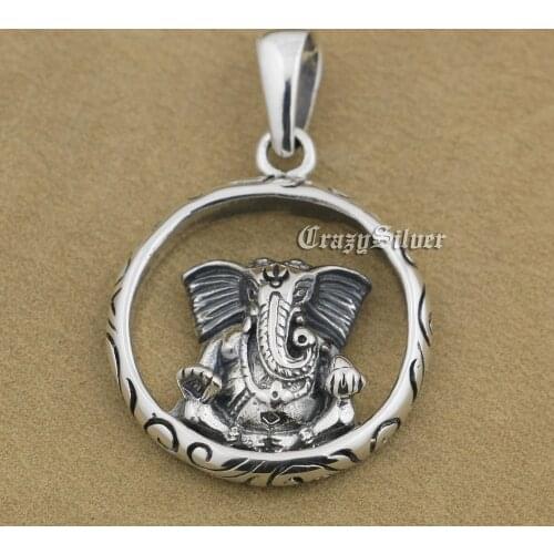 LINSION 925 Sterling Silver Buddha Elephant Mens Biker Rocker Punk Round Pendant 9V012