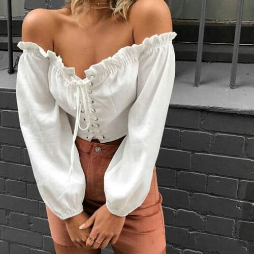 Fashion Women Off Shoulder Tee Shirts Sexy Ruffles Long Sleeve Office Shirts Casual womens Lace Up T-Shirts For Women Tops Tees
