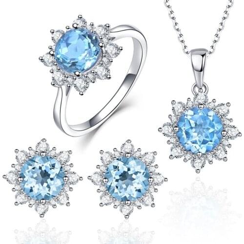 Trendy Female Rainbow Crystal Jewelry Set Charm Silver Color Stud Earring For Women Dainty Flower Wedding Ring Chain Necklace