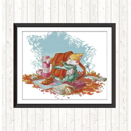 Walking with Cat Cross Stitch Kits Wall Home Decor DIY Embroidery Needlework Sets Needlepoint Counted Dmc 14ct 11CT Cross Stitch