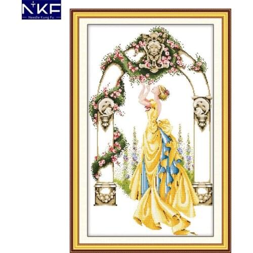 NKF Rose In Gate and Courtyard Cross Stitch Pattern Needlework Kits Handcraft Make Embroidery with Chart for Home Decoration