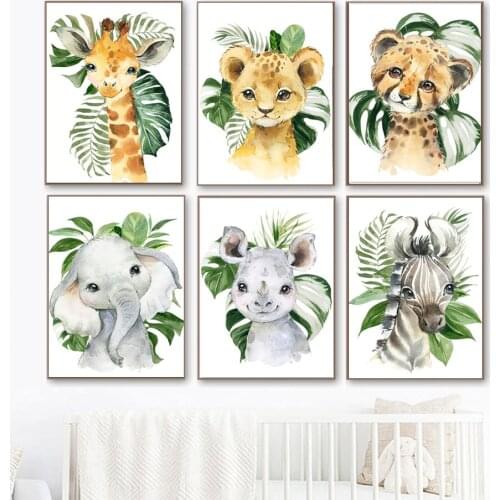 Jungle Animals Elephant Giraffe Lion Zebra Leaf Nordic Posters And Prints Wall Art Canvas Painting Wall Pictures Kids Room Decor