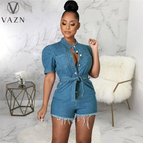 VAZN 2021 New High-end Denim Playsuits Elegant Overalls Young Daily Simple Sexy Short Sleeve High Waist Women Slim Playsuits