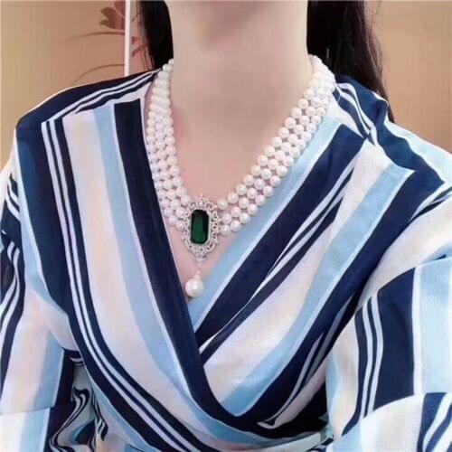 Hand knotted 3strands 7-8mm white natural freshwater pearl micro inlay zircon necklace long 45-50cm fashion jewelry