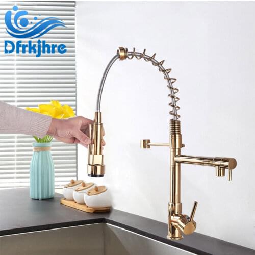 Golden Spring Kitchen Faucet Pull out Side Sprayer Mixer Tap Sink Faucet Dual Spout Single Handle 360 Rotation Kitchen Faucets