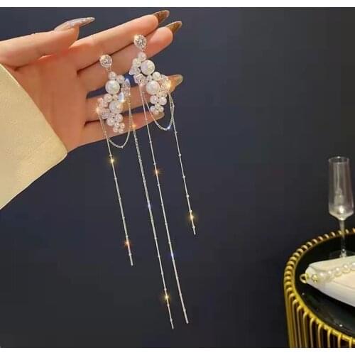 Exaggerated long tassel fashion pearl zircon earrings ins Korean personality 2021 trend Hanging Earrings Jewelry for women