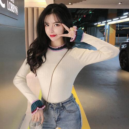 Womens Spring Summer Style Blouse Shirt Womens Ruffles Patchwork Solid Color knitted Turtleneck Casual Korean Tops DD8471