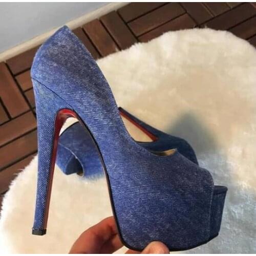 Moraima Snc Denim Blue High Heel Shoes Sexy Peep Toe Platform Pumps Women Super High Jeans Heels Office Lady Fashion Shoes