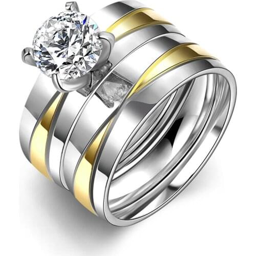 Women 2PCS/1SET Titanium Steel Golden Marriage Engagement Rings anel de ouro lotes al por mayor US Size 6-9 Gift Jewelry