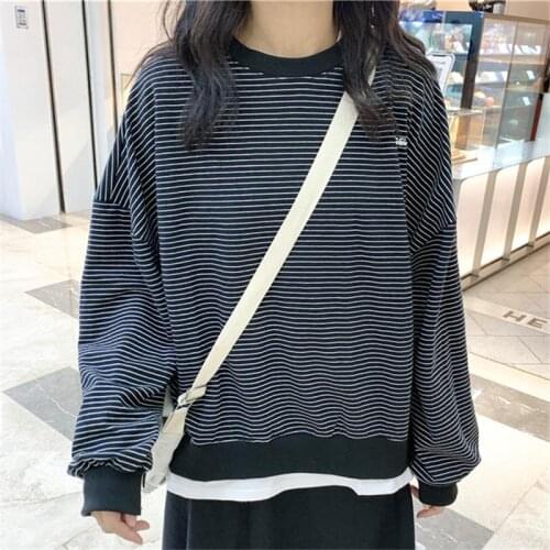 ZITY Hoodies Women Striped Students Simple Casual O-Neck Womens Pullover Sweatshirt All-match Loose Chic Harajuku Korean Style D