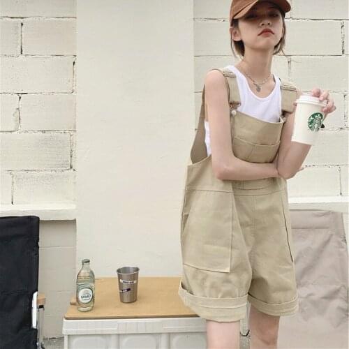 Designed Overalls Women Big Weight Loose Bottom Fold Solid Khaki Pockets Short Fashion Summer Streetwear Casual Jumpsuit 2021