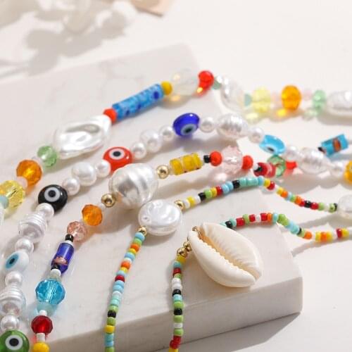 Bohemia Natural Shell Transparent Colorful Evil Eye Beaded Chain Necklace for Women Trendy Irregular Pearls Necklace Chokers
