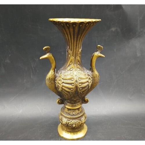 10'' copper brass carved auspicious flowers birds both phoenix peafowl vase