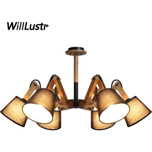 American Retro Wood Pendant Lamp Adjustable Wooden Arm Hotel Restaurant Sitting Room Bedroom Fabric Suspension Hanging Lighting