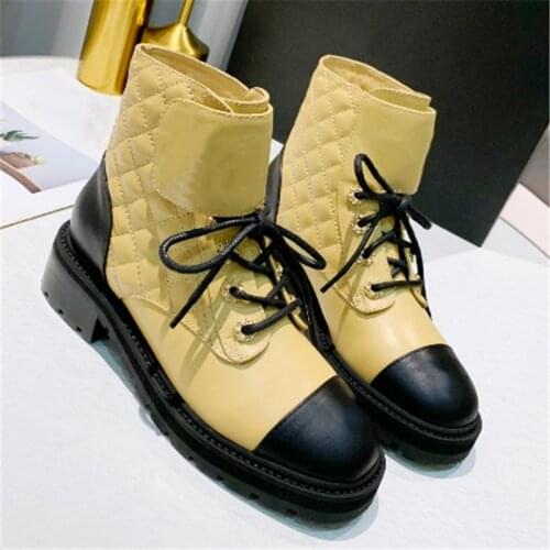 Hook Loop Martin Boots Metal Chain Short Boots Platform Mid-Tube Boots Round Toe Unlined Boots Lace-Up Thick Heel Womens Shoes
