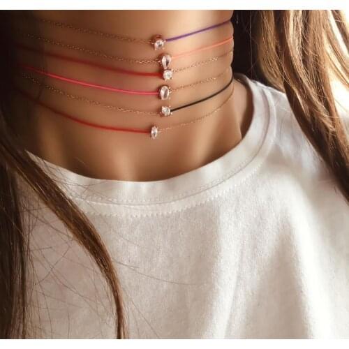 32+10CM Half Rope Half Chain Rose Gold Plated 925 Sterling Silver Single CZ Geometric Colorful Choker Necklace