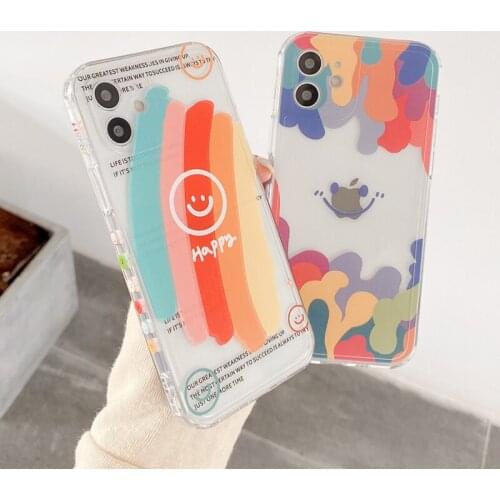 Funda de TPU suave y transparente para teléfono móvil iPhone, carcasa con diseño de cara sonriente y arcoíris para iPhone 12 Min
