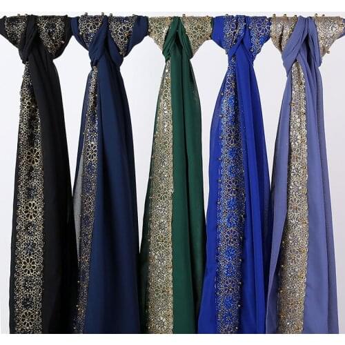 Floral Lace Applique Decorated Headscarf Hijabs Chiffon Solid Color Jersey Headwraps Islam Turkish Turban Scarf for Muslim Women