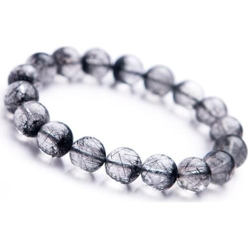 Precious Natural Black Rutilated Quartz Bracelets Women Men 12mm Big Transparent Crystal Stretch Round Bead Bracelet AAAA