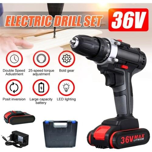 Cordless Screwdriver Electric Drill Impact Drill 36V Lithium Battery 25-Speed Electric Drill Wrench Set Wood Drilling Power Tool