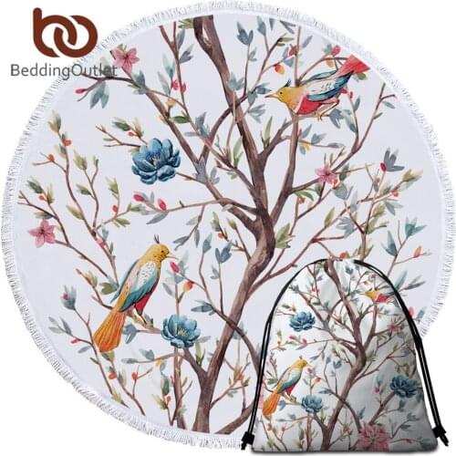 BeddingOutlet Cute Birds Round Towel Flowers Beach Towel Watercolor Floral Microfiber Towel Spring Retro Beach Mat Serviette