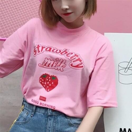 Strawberry Milk Graphic Summer Fashion Cotton Casual Tops Korean Style Girl Funny Hipster Short Sleeves Kawaii Cute Pink Girl