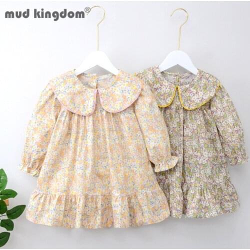 Mudkingdom Princess Dress For Girl Spring Floral Long Puff Sleeve Peter Pan Collar Cute Dresses For Little Girls Fashion Clothes