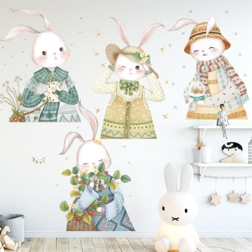Cartoon Animal Rabbit Wall Stickers for Kids Room Decoration Cute Bunny Decor Removable Vinyl Decals Girls Bedroom Decoration
