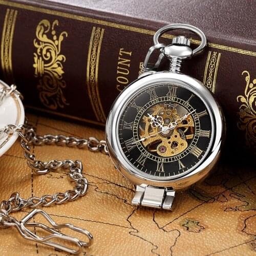 Gorben Stainless Steel Men Fashion Casual Pocket Watch Skeleton dial Silver Hand Wind Mechanical Male Fob Chain Watches