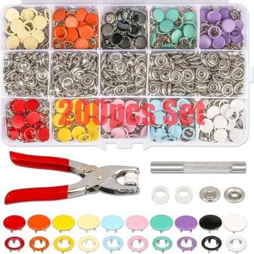 100/200 Set 10 Color Metal Sewing Buttons Hollow/Solid + Plier Tool Prong Press Studs Snap Fasteners for Installing Clothes Bags