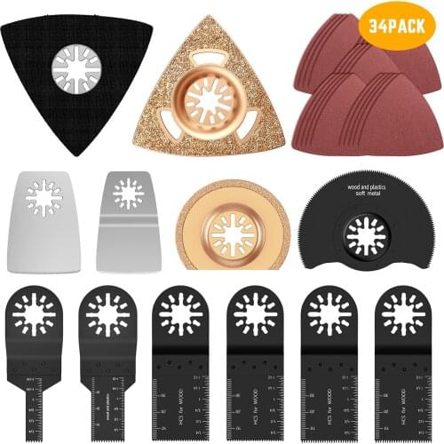 34 Pcs Oscillating Saw Blade Set Multitool Renovator Precision Saw Blades with Finger Sand Paper for Metal/PVC/Wood/Tile Cut