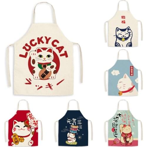 Creative Cartoon Lucky Cat Decoration Sleeveless Apron Cotton Linen Kitchen Aprons Women Home Cooking Baking Waist Bib Pinafore