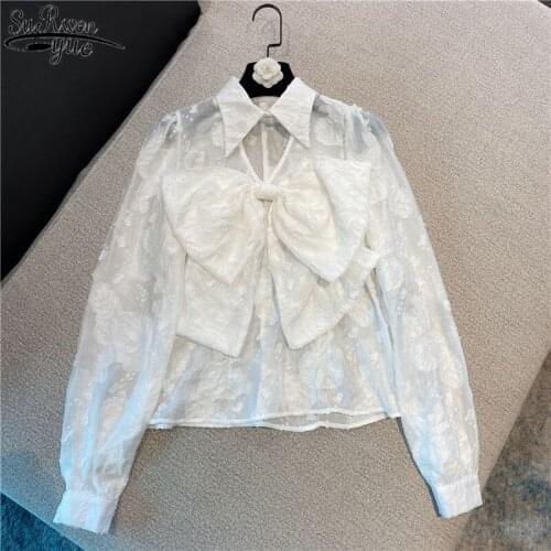 New Korean Long Sleeve Lace Shirt Women 2021 Early Spring Sweet Floating Pattern Embroidery Bow Women Blouse 13399