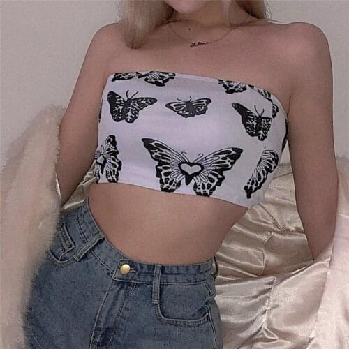 New Spring Summer Fashion Streetwear Butterfly Print Backless Crop Top Vest Off-the-shoulder Sexy Charming Women Tube Top Vest