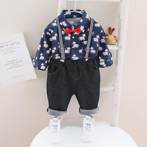 Baby boy clothes cute bow tie cartoon print shirt sling 2-piece suit spring autumn baby boy long-sleeve suit childrens clothing