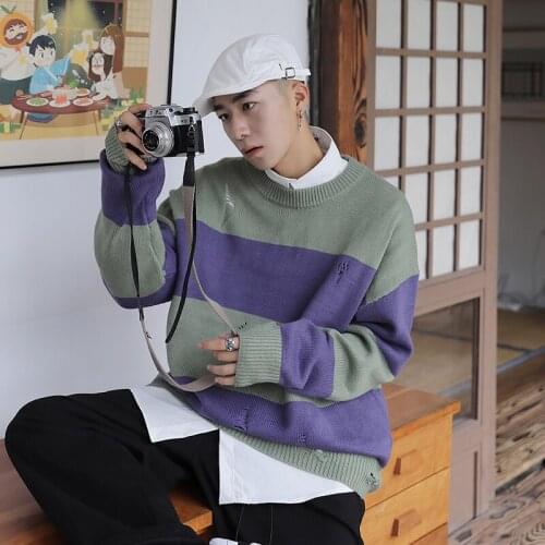 Fall Mens Pullover Streetwear Hip Hop Hole Sweaters Couple Orange Oversized Sweaters Men Korean Striped Sweater