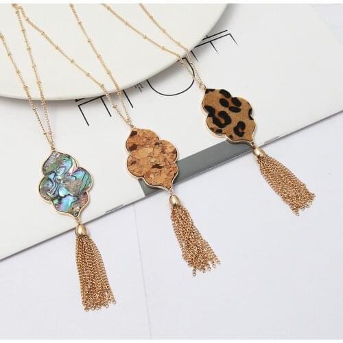 ZWPON Fashion Leopard Morocco Tassel Necklace Women Abalone Shell Cork Leather Necklace Long Jewelry Wholesale