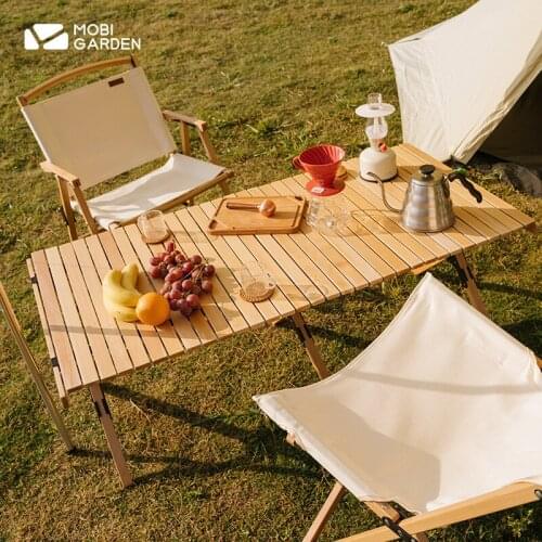 Mobi Garden Outdoor Egg Roll Table Portable Folding Table Camping Household Self-Driving Travel Solid Wood Barbecue Picnic Table